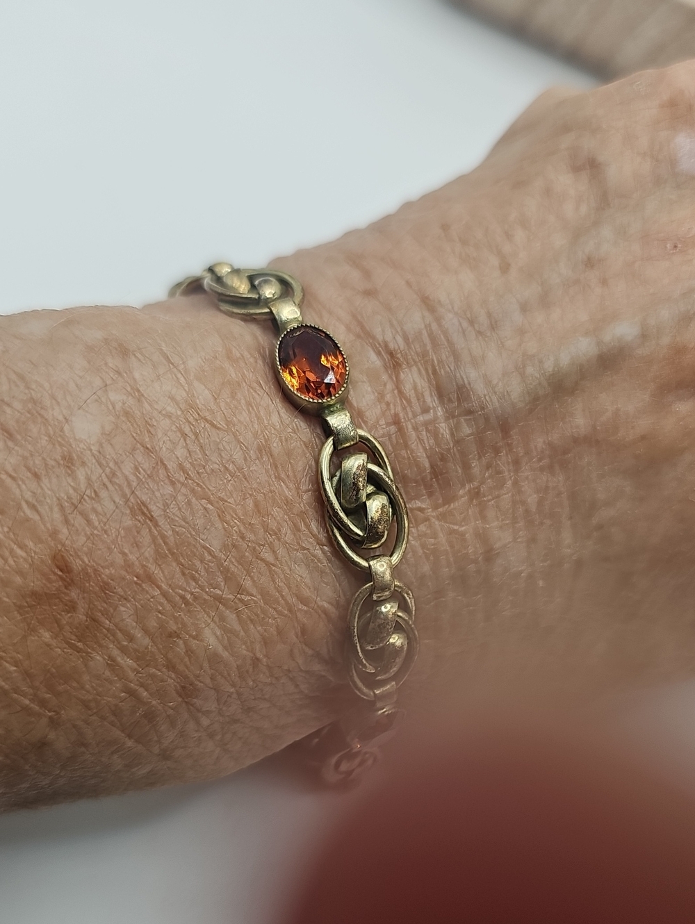 Antique Gold-Tone Bracelet W/Citrine Glass Linked Accent.